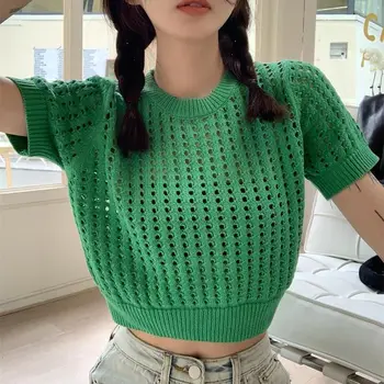 2022 סגנון קוריאני חדש פשוט ותכליתי הולו-out קצר הבטן תלבושת העליון של נשים Slim-Fit סוודר סוודר חם בנות