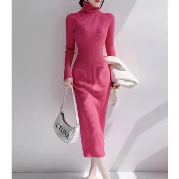 2023 אופנתי חדש אופנה סתיו חורף סוודר ארוך צבע מוצק נשים שמלת גברת אלגנטי שרוול ארוך סוודרים סרוגים T28