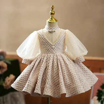 2023 בייבי בנות נסיכה שמלות נשף ילדה תינוק טלאי על טלאי תחרה פאף שרוולים חרוזים שמלה ילדים אלגנטי חמוד ללבוש למסיבה