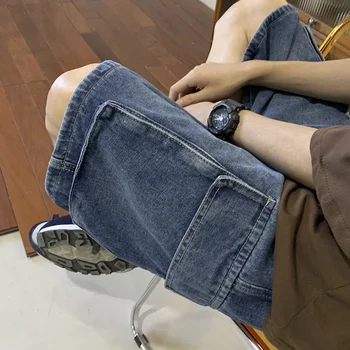 2023 חדש קיץ גברים ג 'ינס קצר אופנת רחוב בציר קוריאנית בכיס מכנסי ג' ינס קצרים היפ הופ מכנסי דגמ 