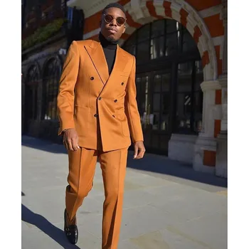 2023 סגנון חדש כתום שיא דש חליפות גברים חליפת עסקים רשמית תחפושת Homme כפול עם חזה Slim Fit 2 יח 'סט ז' קט מכנסיים