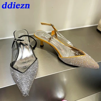 2023 שקוף אופנה מחודד בוהן גבירותיי עקבים גבוהים נעלי Rhinestones אישה משאבות העקבים נעליים אבזם נקבה יוקרה סנדלים