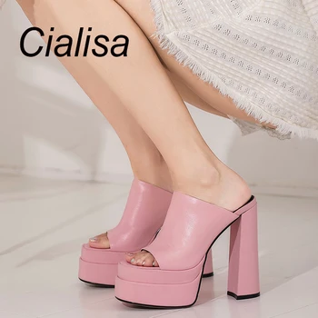 Cialisa הקיץ פלטפורמה סנדלים באיכות גבוהה עור אמיתי אלגנטי שמלה למסיבת עבה עקבים גבוהים נשים נעלי ורוד 41