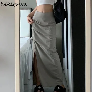 Harajuku החצאית הארוכה נשים אופנת רחוב מזדמן לראשונה חצאית 2023 Faldas Mujer De Moda גבוהה המותניים אופנה קפלי Saia הקיץ דק Y2k חצאיות