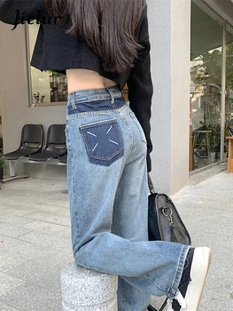 Jielur כחול גבוהה המותניים ג 'ינס אישה חדשה סתיו קוריאנית פשוטה אופנה חופשי קלאסי ישר רחב הרגל ג' ינס נשים מכנסיים ארוכים S-XL