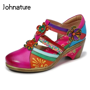 Johnature 2022 הקיץ חדש עור אמיתי מזדמן Hook & Loop מצוירים ביד תפירה רטרו פרח נעלי נשים סנדלים