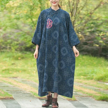 Johnature נשים הדפסה רקמה בציר שמלות כותנה פשתן רכות ליפול Cheongsam 2023 חדש השרוול הארוך של נשים בגדים שמלה