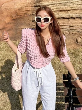 Korobov ההגירה הקיץ Y2k בגדים מתוקים פאף ורוד שרוול קצר חולצות הפחתת גיל סלים גזורה אופנה קוריאנית Camisas Y Blusas