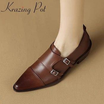 Krazing סיר מלאה תבואה עור מחודד בוהן לרפואה עקבים אביב נעליים המערבי אנגליה סגנון פנאי אופנתי אבזם רצועה נשים משאבות