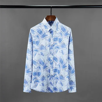 Minglu יורו הדפסה דיגיטלית Mens חולצות יוקרה כחול ארוך Slleve Mens חולצות שמלה בתוספת גודל 4xl האופנה Slim Fit זכר חולצות