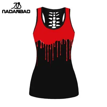 NADANBAO סקסי כושר גופיה נשים בגדי קיץ דם אדומים מודפסים לכל היותר שחורים חלולים שרוולים T-Shirt אופנת רחוב
