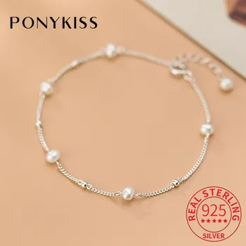 PONYKISS אמיתי 925 כסף סטרלינג פנינה צמיד חרוזים אופנה נשים קלאסי תכשיטים יפים מינימליסטי אביזרים