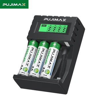 PUJIMAX 4 חריץ תצוגת LCD סוללה מטען מקורי 4Pcs AAA/AA NiMH נטענת סוללה הביתה נייד להגדיר שילוב