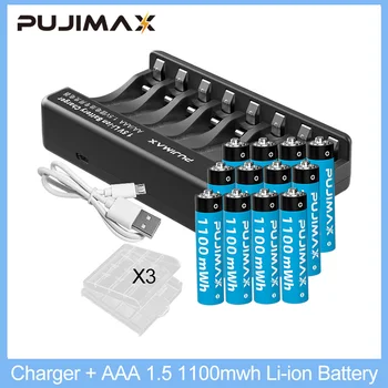 PUJIMAX חכם מטען סוללה 8-חריץ AAA 1.5 V 1100mWh נטענת Li-ion סוללת ליתיום סוללות עם תיבת וכבל USB