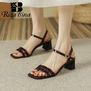 RIZABINA נשים קיץ סנדלי עור אמיתי בוהן מרובע עבה אמצע העקב הרומית רצועת קרסול אבזם נשים נעליים מזדמנים נעליים
