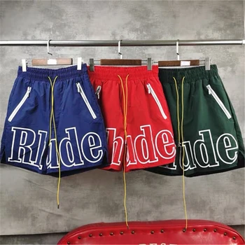 Rhude לוגו רך לנשימה Rhude מכנסיים קצרים לגברים עמיד למים, Windproof ירוק אדום רשת קצרים.
