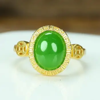 S925 כסף סטרלינג ירוק ג ' ייד טבעת נשים בסדר תכשיטים ואביזרים סיני אמיתי Hetian Jades נפריט זהב טבעת מתכווננת