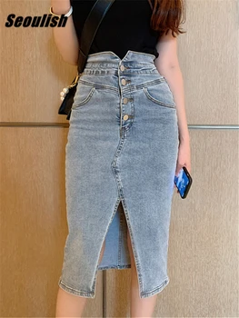 Seoulish 2023 קדמי חדש פיצול של נשים ג 'ינס לעטוף חצאיות כפתורים גבוהה וושינגטוןasia. kgm ג' ינס הנשי ישר עיפרון Midi חצאיות הקיץ