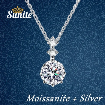 Sunite 1.0 ct Moissanite יהלום שש צבתות סיבוב שרשרת תליון לנשים בנות 925 כסף סטרלינג של המאהב מתנה תכשיטים יפים
