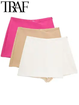 TRAF 2022 סתיו נשים מזדמנים מכנסיים קצרים בציר גבוהה המותניים אסימטרי רוכסן בצד Skort מכנסיים נשית עם שיק אלגנטי מכנסיים Mujer
