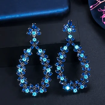 ThreeGraces ייחודי כחול כהה דמוי יהלום זהב שחור צבע רב להשתלשל זרוק עגילים לנשים אופנה חדשה נשף תכשיטים E1212