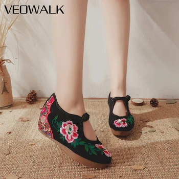 Veowalk פרחים רקומים נשים בד מוסתר פלטפורמות נעלי וינטג 'לנשים להרגיש בנוח מזדמנים ג' ינס כותנה בד נעליים