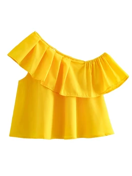YENKYE חדש 2023 נשים סקסי אלכסוני כתף קפלים צהוב חולצה שרוול קצר בנות הקיץ גזורה