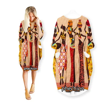 phechion אפריקה החדשה היופי אמנות הדפסת 3D אופנה שמלות מזדמנים אמצע אורך השמלה נשים בגדים כיס שרוול ארוך חולצות R123