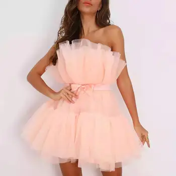 אופנה שמלה חצאית-חצאית קשת-קשר מחוץ כתף נטו חוט Bandeau מסיבת שמלה סקסית ללא שרוולים שמלת נשף שמלת מיני vestido d
