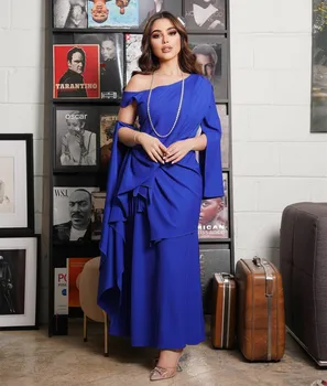 אלגנטי ארוך כתף אחת כחול מלכותי שמלות ערב נדן המוסלמים קפלים באורך קרסול לנשף רשמי שמלת נשים
