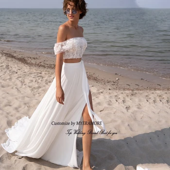 בוהמי שתי חתיכות החתונה השמלה הכתף בצד שסע קצר מקסימום נשים סקסיות בוהו החוף כלות שמלות החלוק הלבן דה Mariee