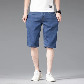 בתוספת גודל 42 44 46 הקיץ Lyocell בד של גברים דק קצר ג 'ינס עסקים רופף ישר כחול למתוח מכנסי ג' ינס קצרים זכר מותג