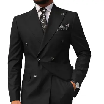 גברים שחורים חליפה 2 חלקים שיא דש כפול עם חזה ז ' קט עסקים מקרית Slim Fit החליפה לחתן, שמלת חתונה (קט+מכנסיים)
