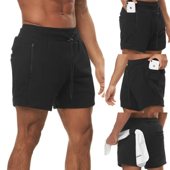 גברים של מכנסיים קצרים אצן ספורט כושר כותנה עם רוכסן חמישה נקודת שאיפה חדשה קיץ חיצונית ריצה כדורסל אימונים קצרים.
