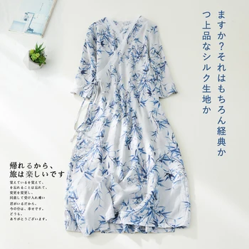 הדפס במבוק עלים משובח בסגנון סיני Cheongsam שמלת גלימות V-צוואר משוחרר ונעים נשים מזדמנים קיץ Midi שמלה
