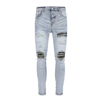 הרכש החדש רחוב גברים אור כחול ג 'ינס קרועים עם חור הסוואה תיקון ג' ינס מכנסיים מזדמנים מכנסיים אדם טלאים ג ' ינס