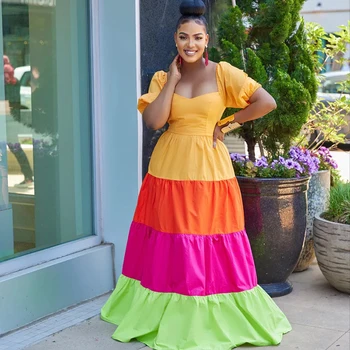 זמן אפריקה השמלה נשים פאף שרוול צוואר V האימפריה גלימות הקיץ החדש מדורגים קפלים אלגנטי, סקסי מסיבה אפריקאית שמלת מקסי 2023