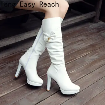 חורף נשים מעל הברך מגפי נשים אופנה רוכסן לבן נעל עקב זמן מגפי אישה נעלי עור החורף גודל גדול 43