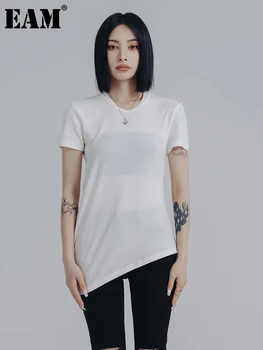 [ידה] נשים לבן שחור לא סדיר שולי חורים סלים חולצה חדשה צוואר עגול שרוול קצר האופנה הגאות באביב קיץ 2023 1DE8432