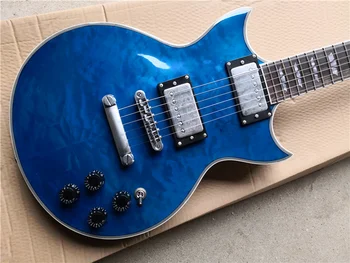 מותאם אישית כחול להבה גיטרה חשמלית מהגוני גוף דו-צדדי ענן דגנים בציפוי שקוף כחול הגוף 62