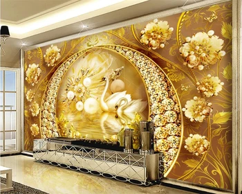 מותאם אישית ציור 3D обои יהלום זהב השער אגם הברבורים תכשיטים פרח High-end רקע קיר הסלון, חדר השינה טפט фотообои
