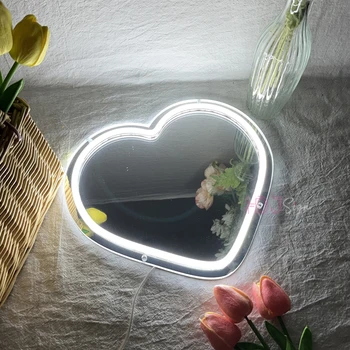 מראה שלט ניאון אורות הלב ניאון שלט LED עיצוב חתונה קיר אסתטי עיצוב חדר השינה אור ניאון עיצוב המסיבה מתנת יום הולדת.