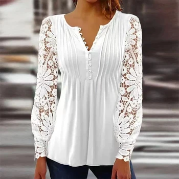 נשים אופנה של חולצות אביב סתיו נשים חולצות תחרה שרוול ארוך כפתור V-צוואר מנופחים Shirs Fenale
