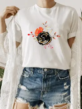 נשים בגדי קיץ בגדים הדפסת החולצה T אופנה O-צוואר פרח יפה מגמה חמודה ה-90 שרוול קצר גרפי חולצת טי למעלה
