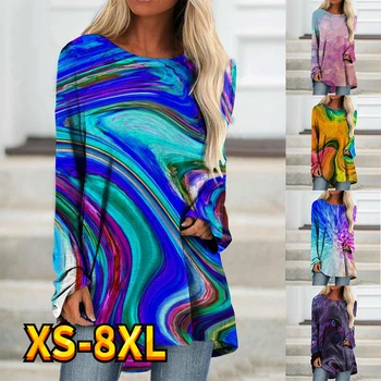 נשים לכל היותר מופשט גביש נוזלי צבע הדפסה גרפית החולצה פעיל אופנת רחוב שרוול ארוך צוואר עגול חולצת טי XS-8XL