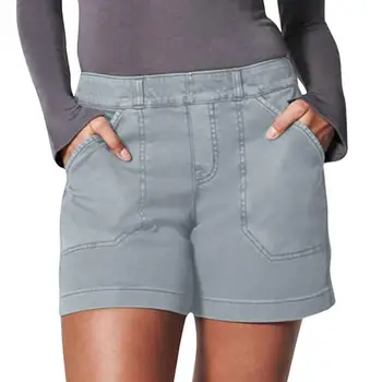 נשים קיץ מכנסיים אלסטיים כיסים אמצע המותן לנשימה מוצק צבע מזדמנים קרוב-התאמה הגברת מכנסיים קצרים נשיים מכנסיים קצרים