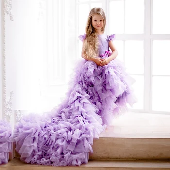 סגול מהמם פרח ילדה שמלות 2022 חדש טול התינוק קו חג המולד שמלות לנשף קפלים ילדים שמלת יום ההולדת платье для девочки
