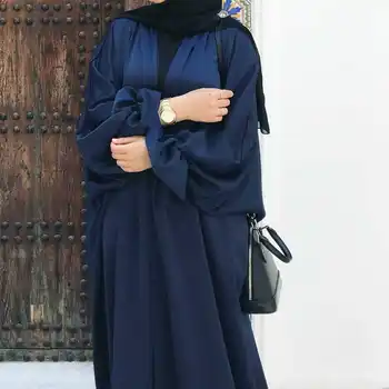 עיצוב חדש פרח שרוול השרוול סאטן האסלאמית בגדי נשים פתוחה Abaya דובאי המוסלמים ארוכה שמלת מקסי