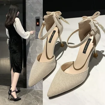 עירום צבע נעליים עם עקבים גבוהים נשים 2023 אביב חדש-לחצן אופנה סנדלים מחודד דק עקב רדוד אחת נעלי נשים