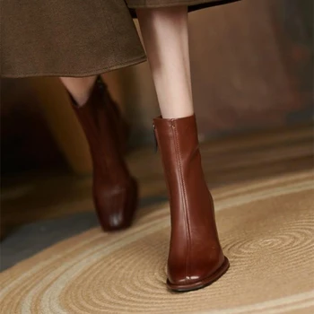 עם עקבים גבוהים מגפי קרסול נשים העקב עבה עור רטרו מרטין מגפיים בסגנון בריטי חום אביר נאה נעליים